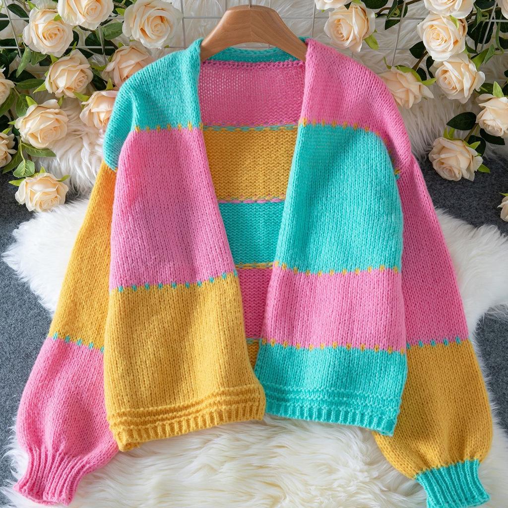 Women's Knitted Cardigan Sweater Autumn Winter Versatile V-neck Rainbow Color Matching Knitted Long-sleeve Sweaters Jacket Women