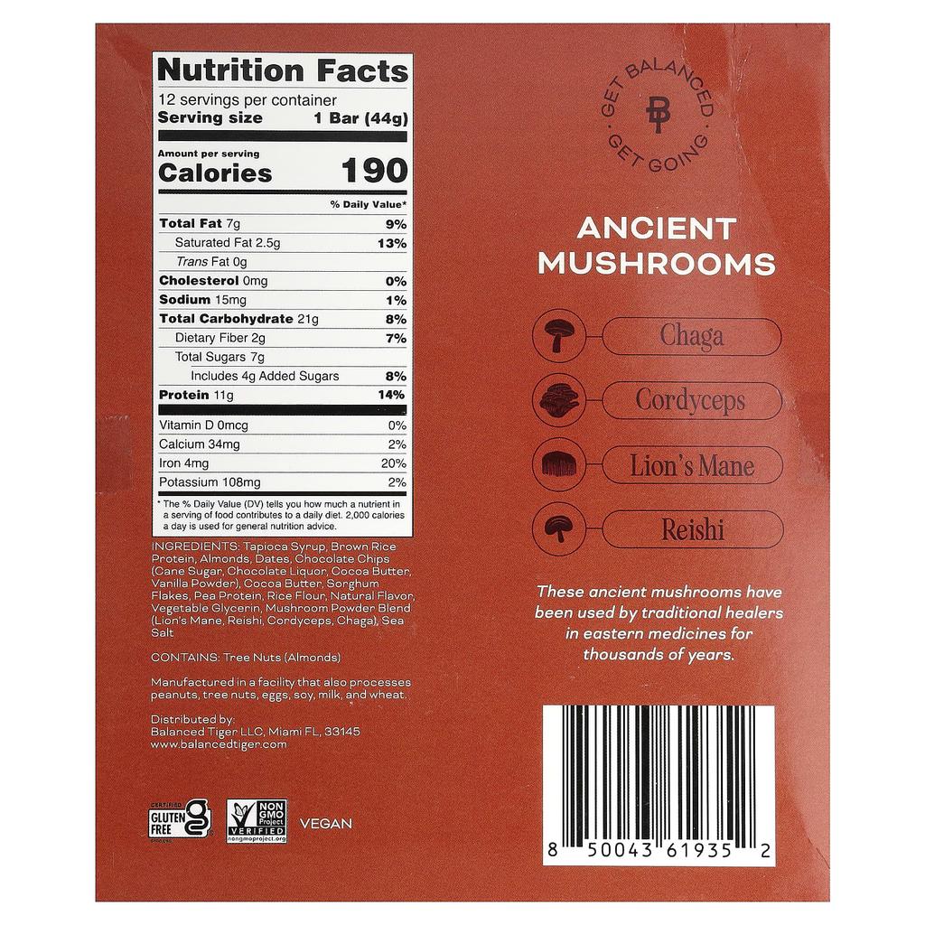 Balanced Tiger Protein Bar, Chocolate Chip Cookie Dough, 12 Bars, 44g (1.55oz) Each