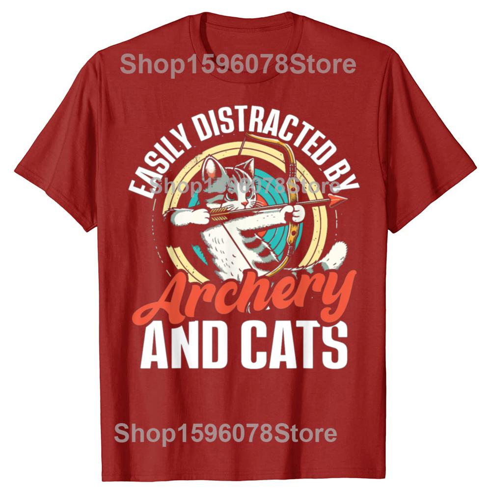 Funny Easily Distracted By Archery And Cats T Shirts Men Cotton Humor Streetwear Tee Shirt Short Sleeve Unisex Loose Clothing