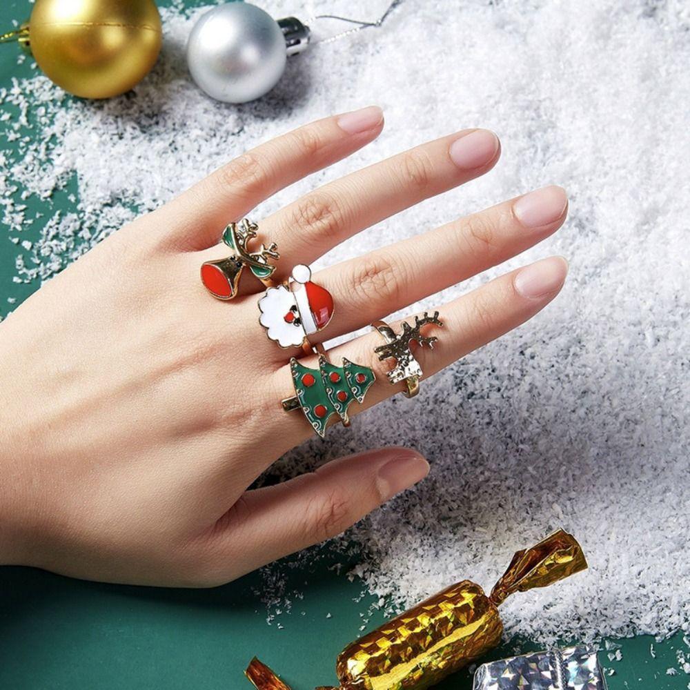 Christmas Tree Enamel Santa Claus Ring Dripping Oil Xmas Jewelry Ornaments Friend