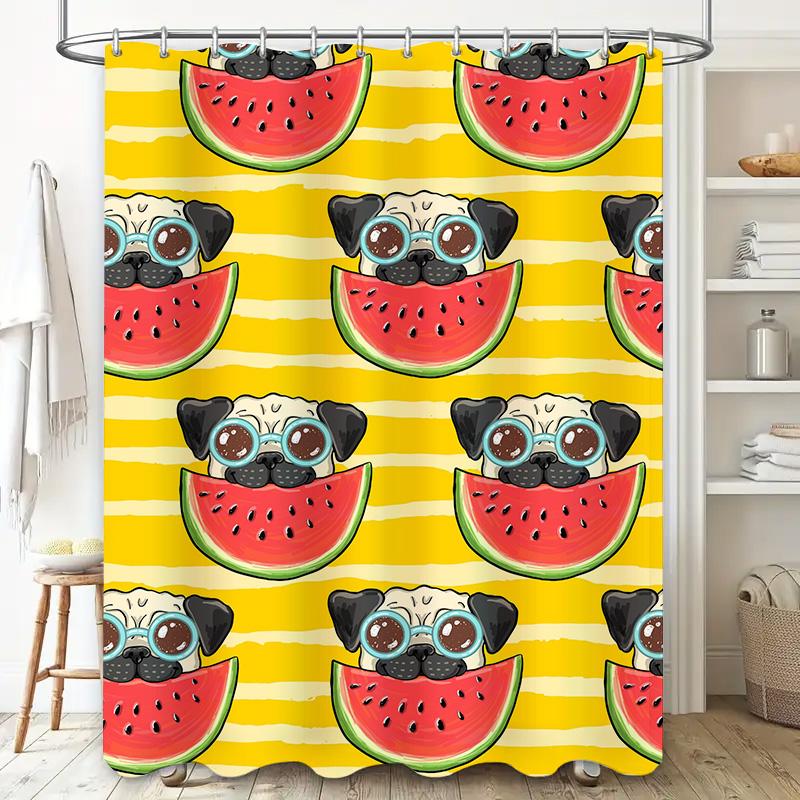 Whimsical Pug Watermelon Shower Curtain for Bathroom Decor Customizable Size Printed with HD Quality Fabric Yellow Series (240cm