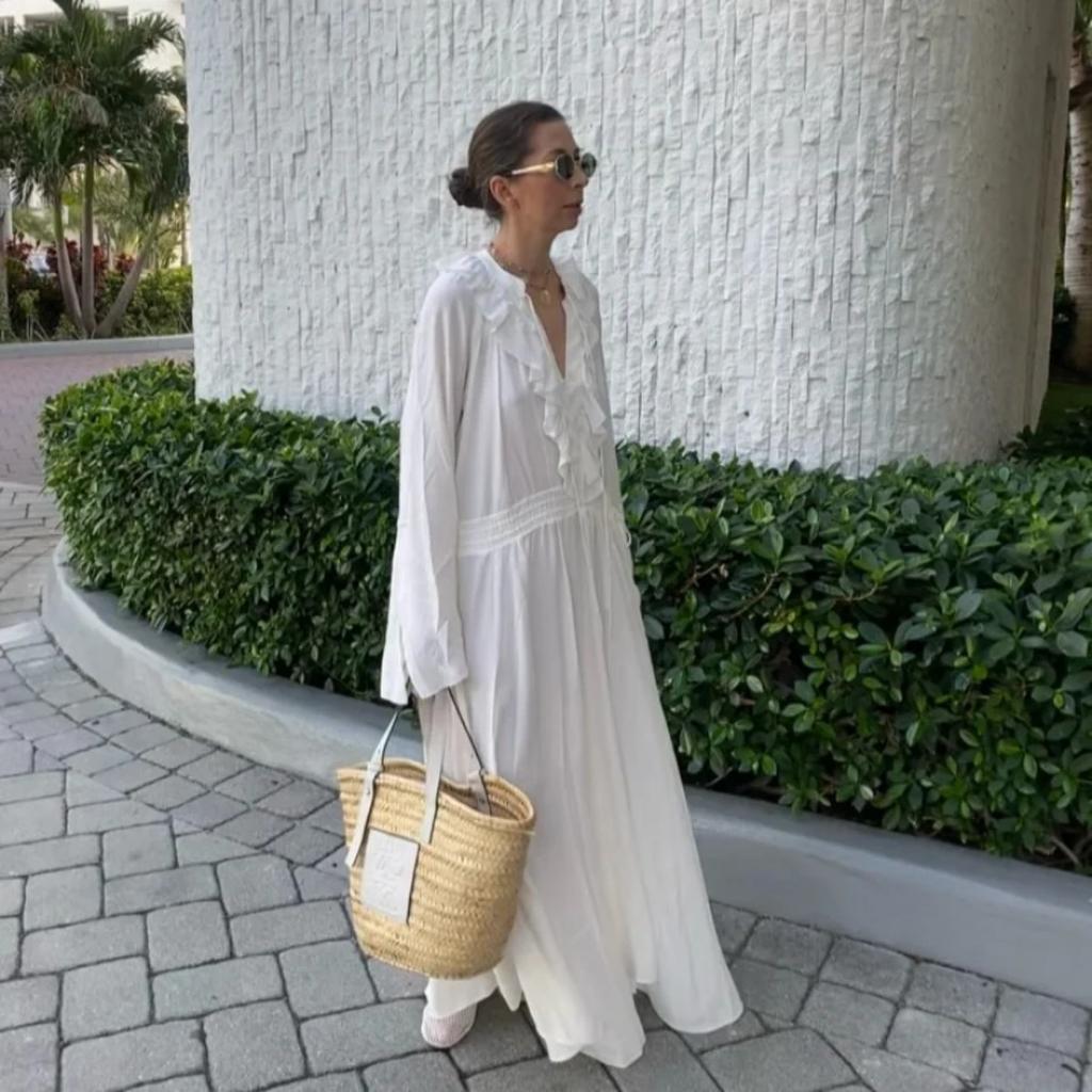 Элегантные белые свободные марлевые длинные платья женские повседневные с V-образным вырезом, расклешенным длинным рукавом, длинные халаты, новое женское уличное офисное платье