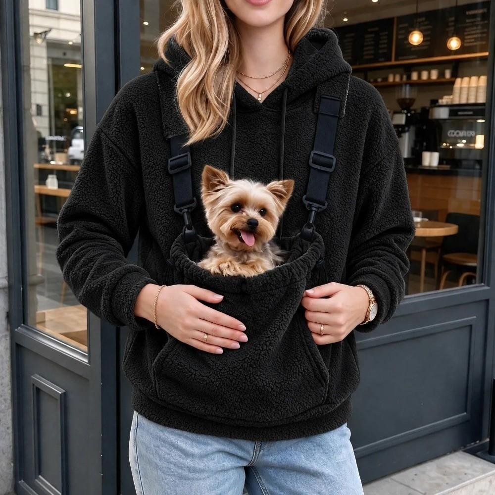 Adjustable Safety Straps Pet Carrier Hoodie Solid Color Loose Fitting Kangaroo Pocket Hoodie Cozy Warm Hooded Sweatshirt Casual