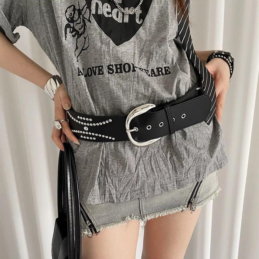 Y2k Rivet Wide Belt Korean Dress Jeans Belt Vintage Women's Waist Belt  Skirt Accessory