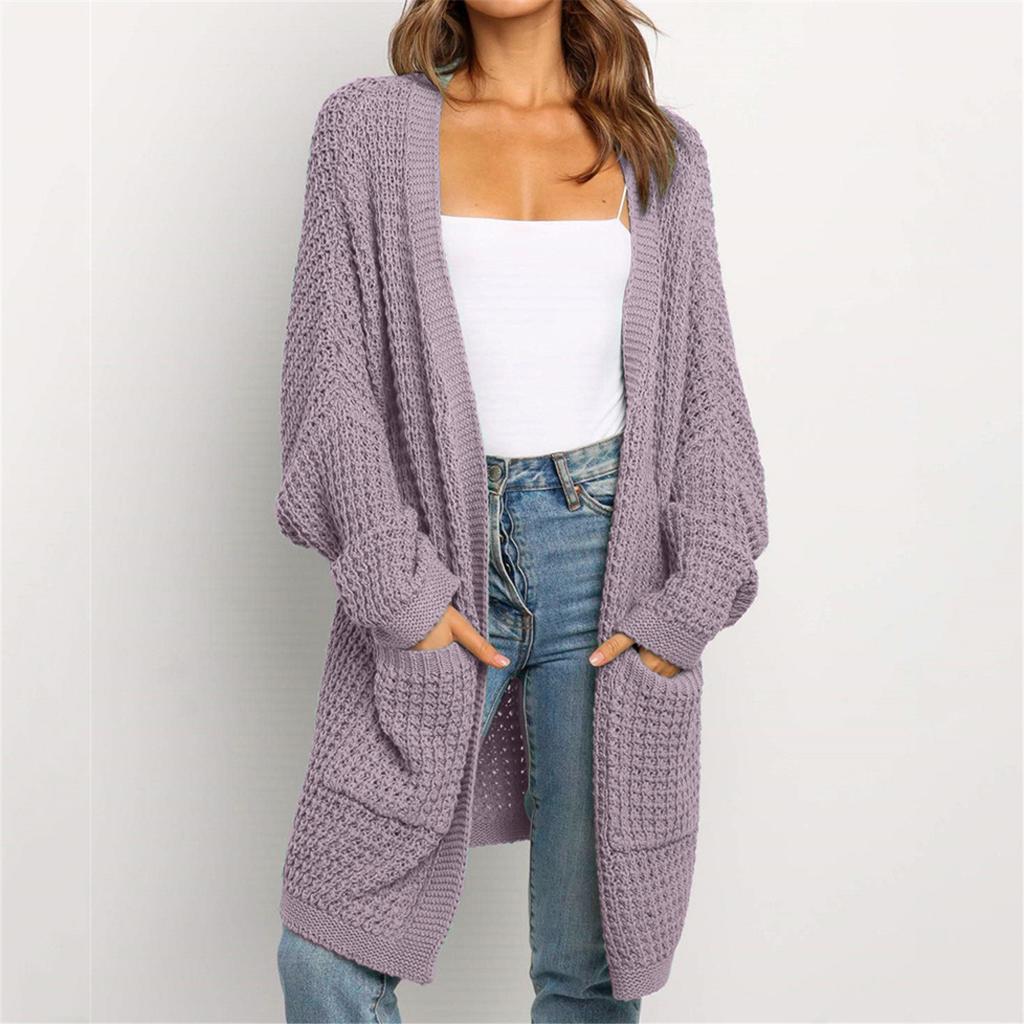 Womens Patchwork Cardigan Long Sleeve Open Front Knit Sweaters Coat Pockets