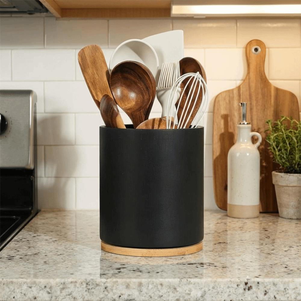 Wooden Kitchen Utensil Holder Farmhouse Style 360° Rotating Cylindrical Cutlery Holder Large Capacity Utensil Storage Box