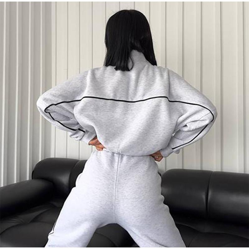 Женский повседневный свободный комплект из двух предметов на весну и осень, длинный рукав, воротник-стойка, толстовка с капюшоном на молнии, эластичный пояс, широкие брюки