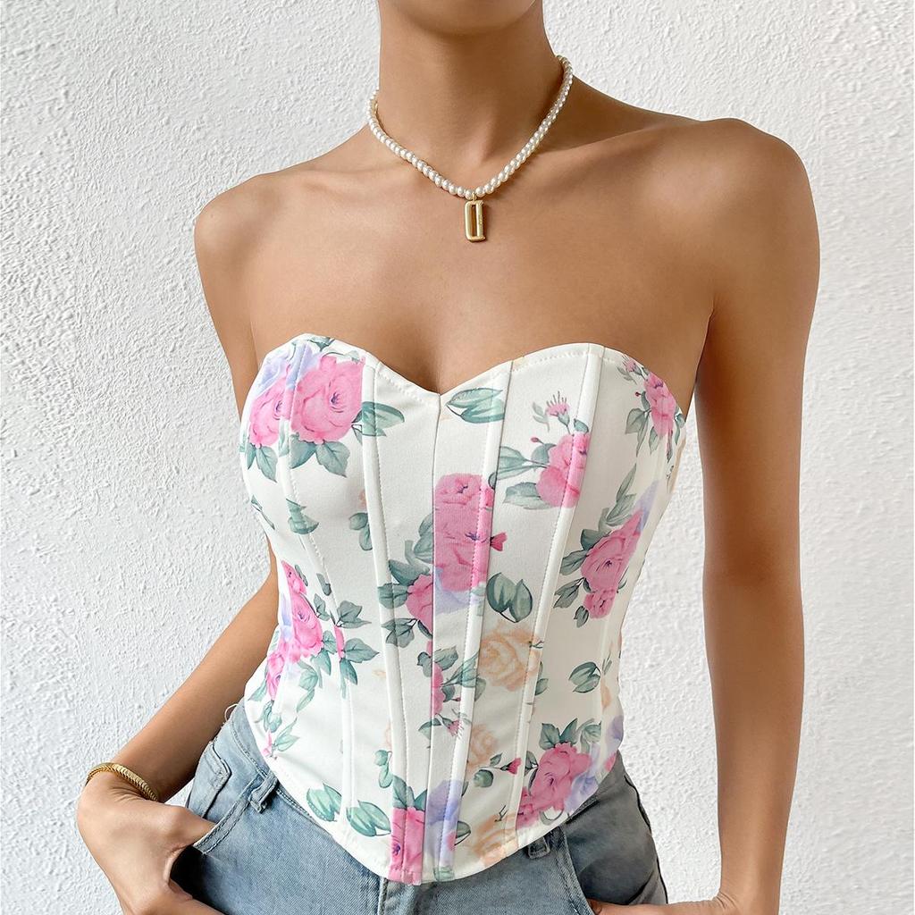French Chic Sexy Floral Printing Bra Female Camis Diamond Fishbone Spicy Girl Tank Sleeveless Crop Top Women Clothes