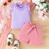 Модный костюм для девочек, весенне-летний детский повседневный милый кружевной жилет + однотонные шорты с поясом