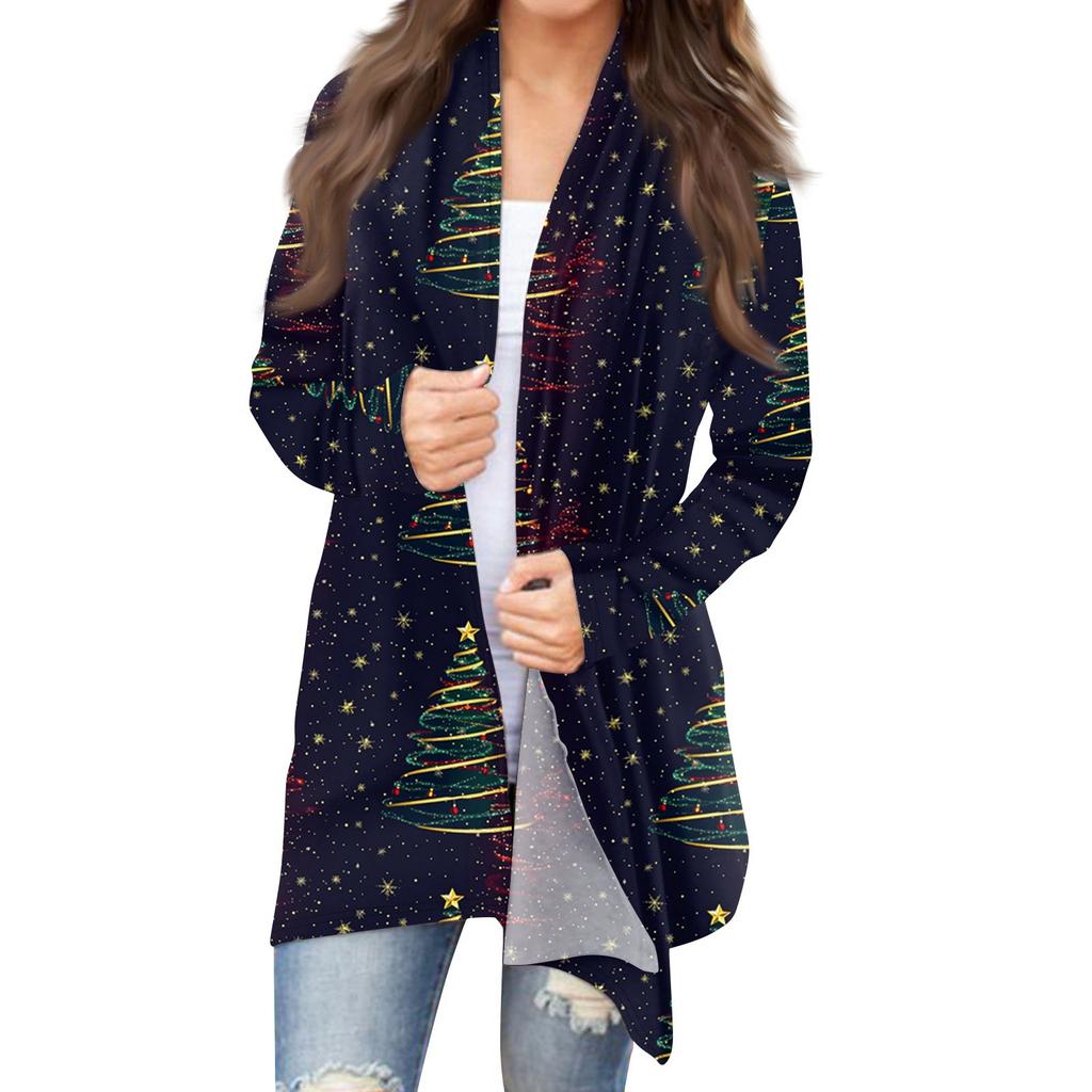 Women's Fashion Christmas Print Jacket Long Sleeve Casual Cardigan Coat