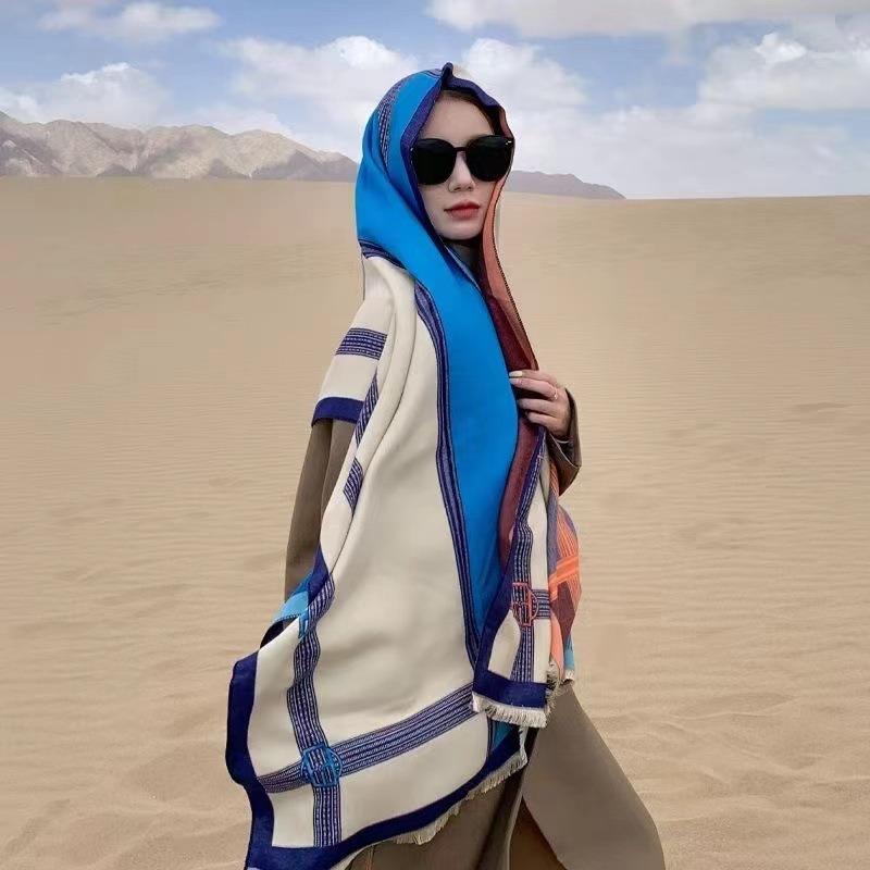 Korean Style Contrast Color Imitation Cashmere Plaid Scarf Women's New Winter Warm Fashion Chain Scarf Fleece-lined All-match Shawl