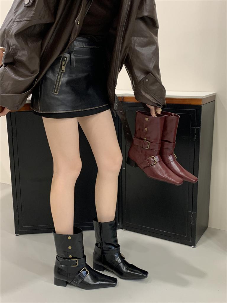 Ретро ботильоны на толстом каблуке с квадратным носком в стиле вестерн ковбойские женские на среднем каблуке 2025 осень новые с пряжкой женские ботинки