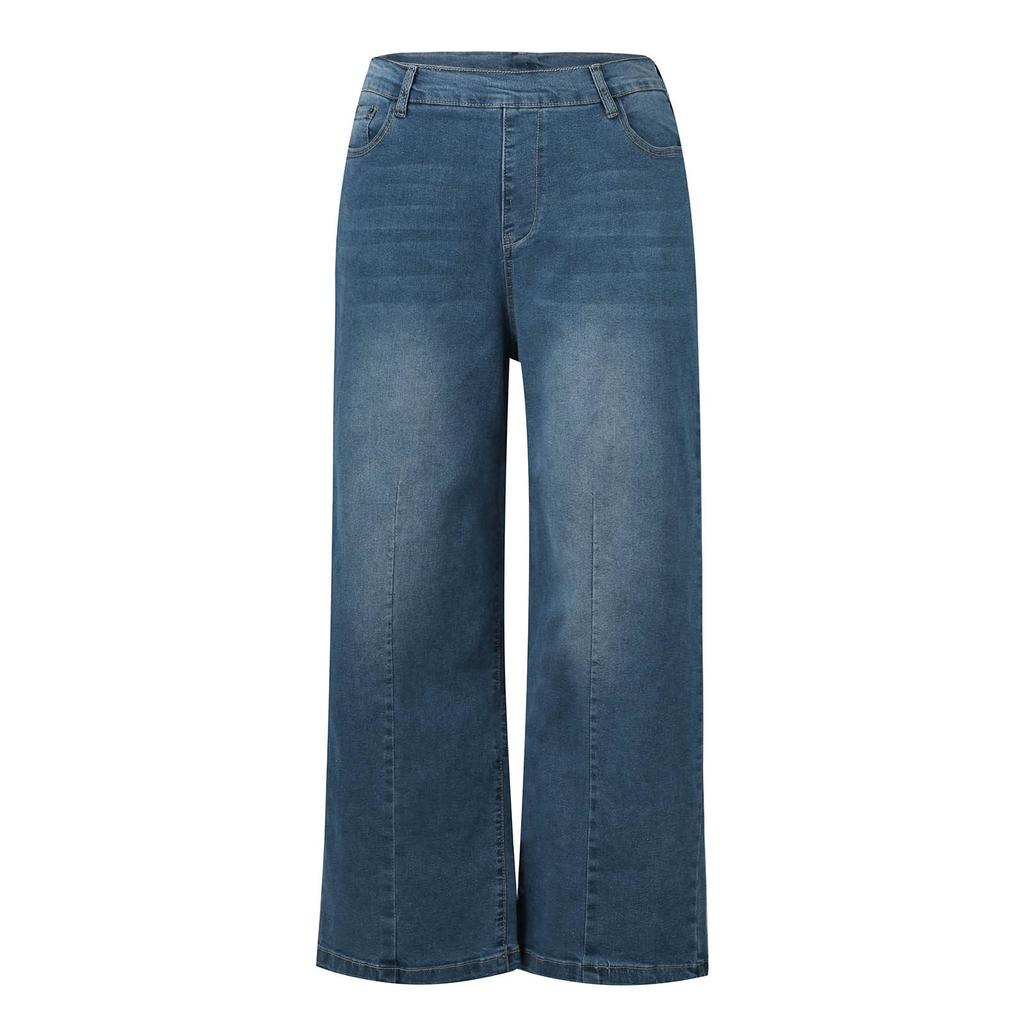 Women Seamed Front Wide Leg Jeans Elastic Waist Stretch Denim Flare Jeans High Waisted Jean Bell Bottom Cropped Pants