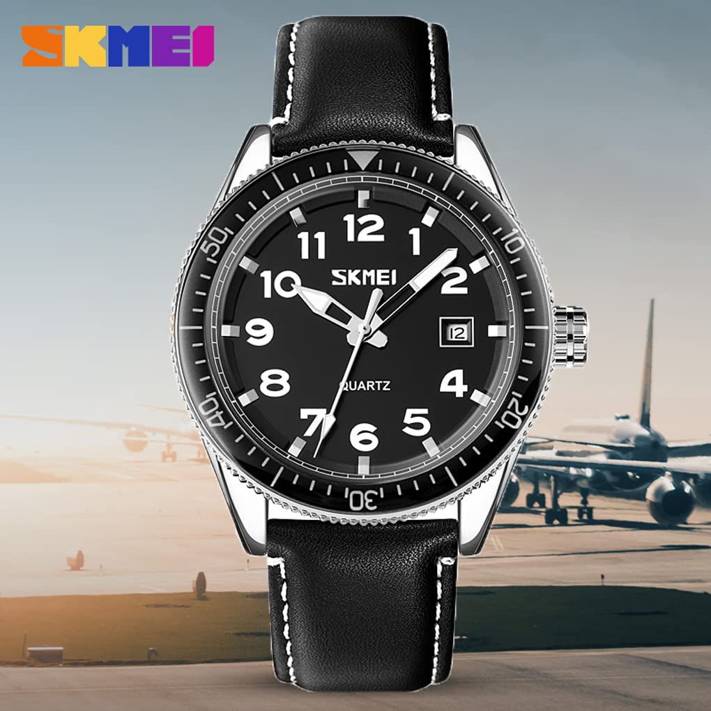 Skmei Watch Black Leather Strap Big Face Simple Hand Watch Waterproof Brand Analog Business Stylish Casual Luminous Arabic Numerals Date Watch Luxury
