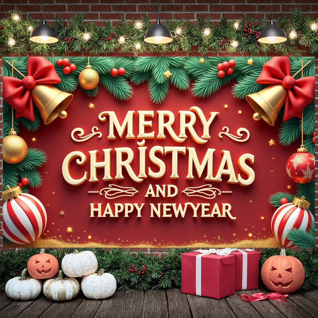 New Year Event Banner Red Bow Holiday Banner Christmas Decoration Banner Christmas Tree For New Year Celebration Holiday Event