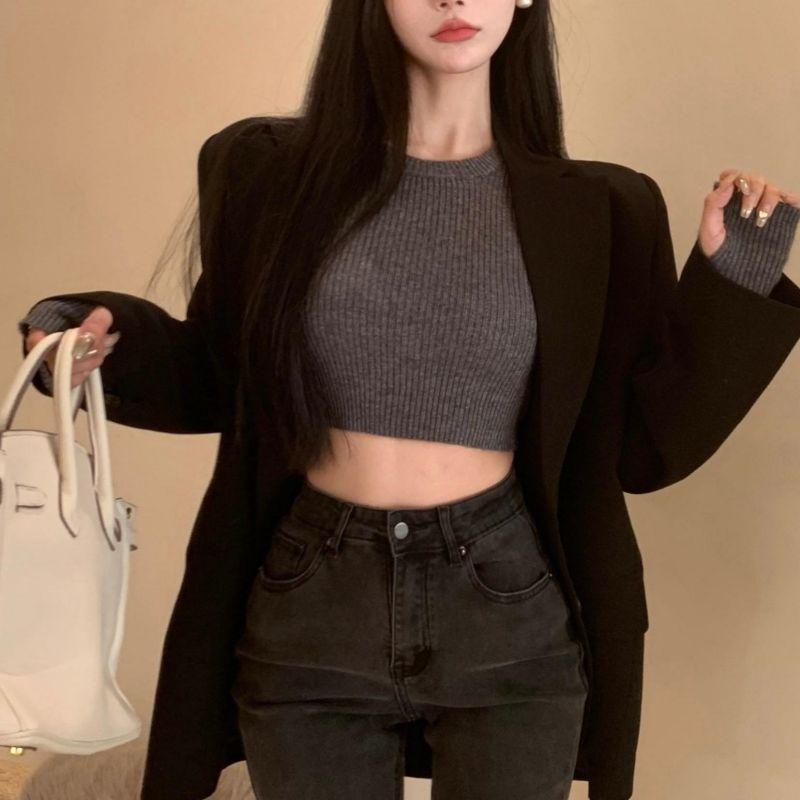 Женский базовый свитер повседневный круглый вырез женский вязаный свитер тонкий однотонный короткий топ женская одежда