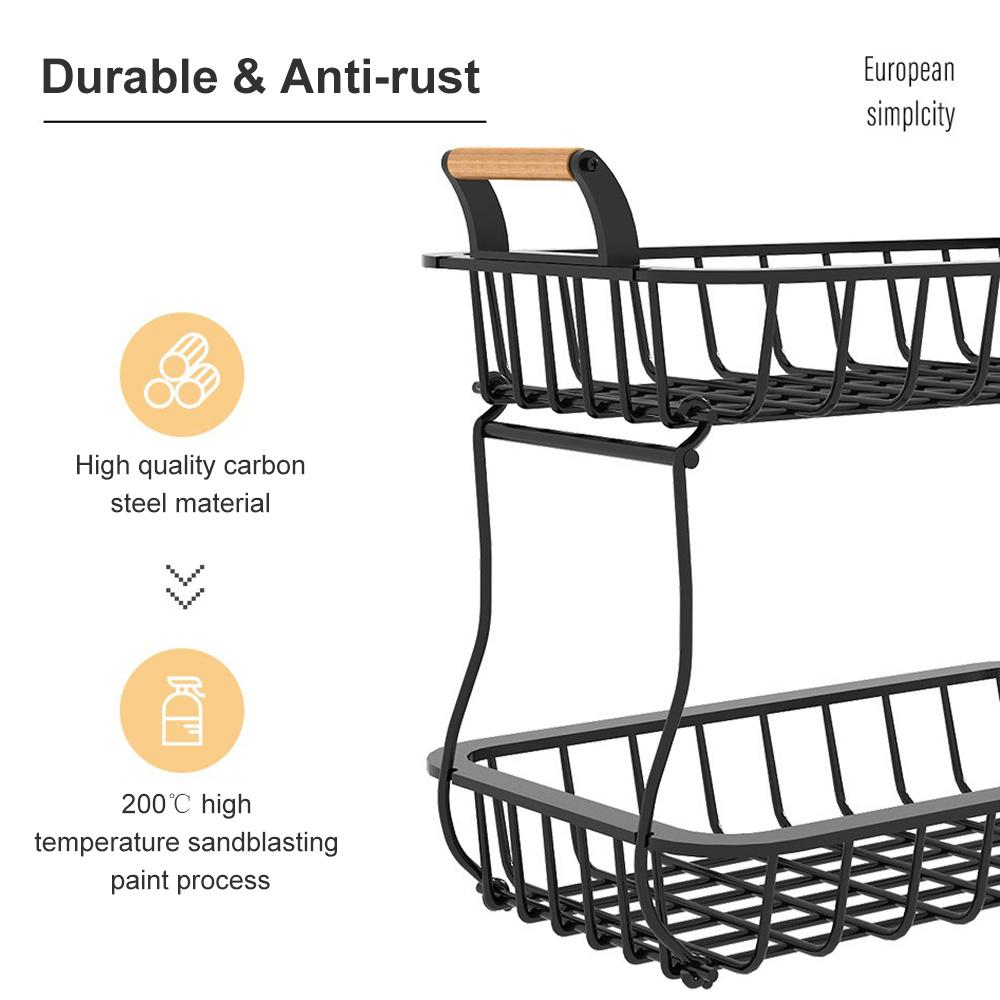 2 Tier Fruit Storage Basket Kitchen Countertop Organizer with Wooden Handle Mesh Carbon Steel Bowl for Bread Vegetable