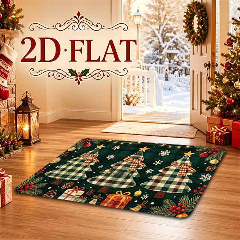 Doormat - 2D Printed Pattern Christmas Holiday Decor Mat, Plaid Christmas Tree with Scarf Gift Print, Fun Carpet Machine Washable with Plastic Bottom,