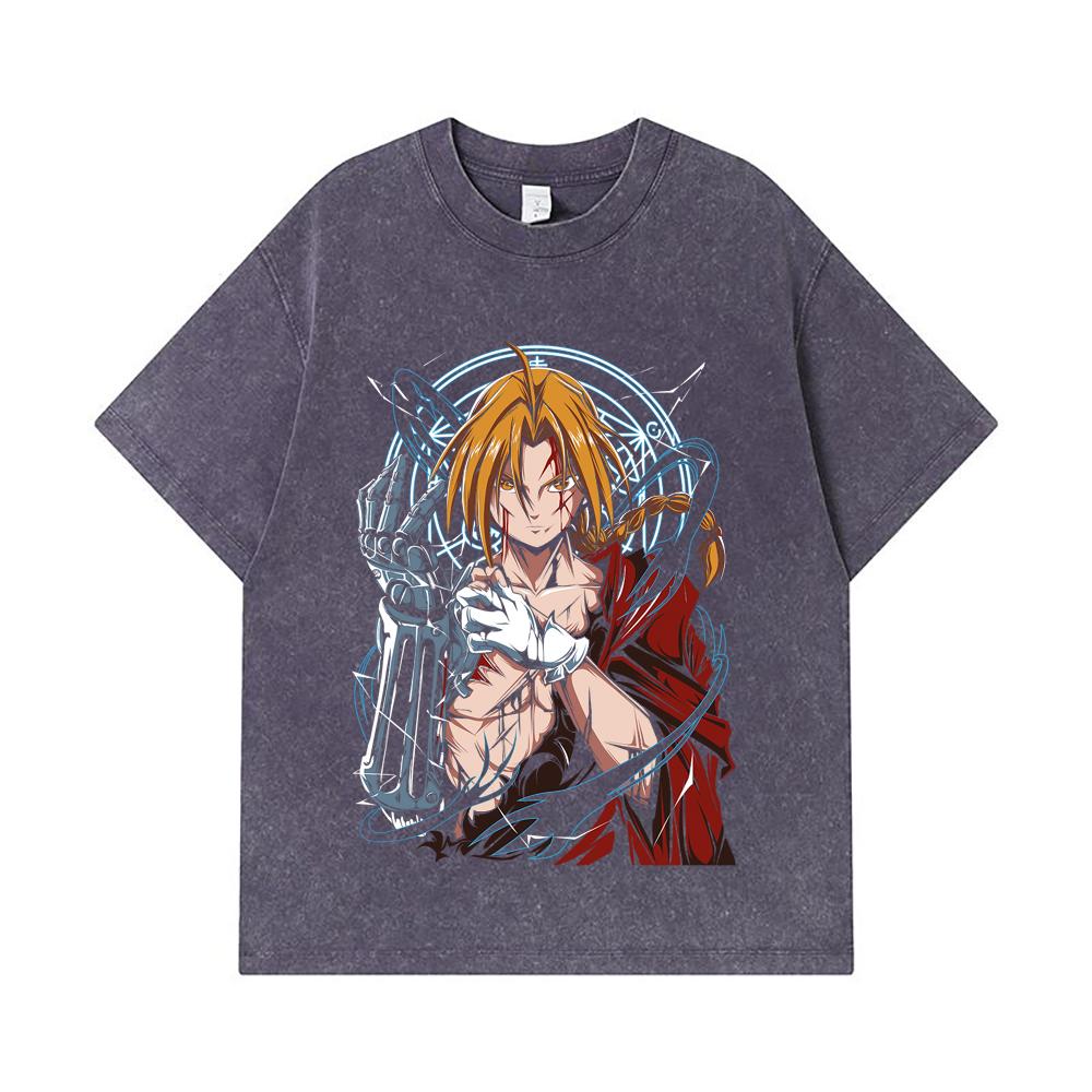 275 GSM Washed T-shirts 100% Cotton Fullmetal Alchemist V6 Edward Print Unisex Heavy Cotton T Shirt