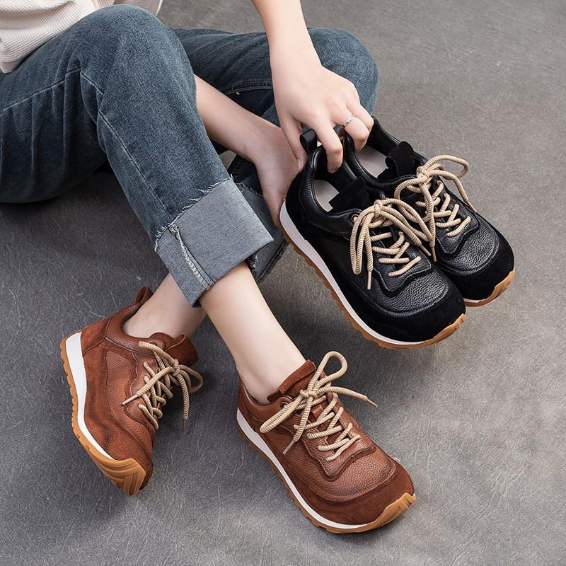 Johnature Thick Soled Casual Sneaker Shoes Retro Soft Soled Comfortable Genuine Leather Women's Shoes