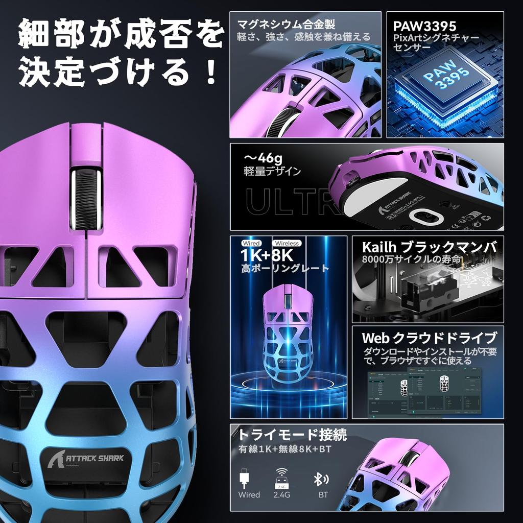 ATTACK SHARK R3 Gaming Mouse, Magnesium Alloy Edition, 3-Mode Gaming Mouse, WiredBluetooth2.4G Wireless Connection, Ultra-Lightweight, 46g, 8000Hz