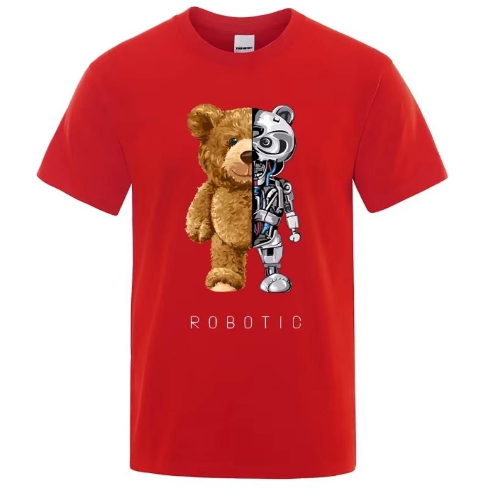Funny Teddy Bear Robot Graphic Print Tshirt Men Short Sleeve Fashion Casual Clothes Summer Cotton Tees Oversized Street T-Shirts