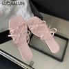 Fashion SUOJIALUN 2025 Summer New Brand Women Slipper Fashion Bow-knot Square Toe Slip On Ladies Slides Shoes Flat Heel Beach Sandal Sho