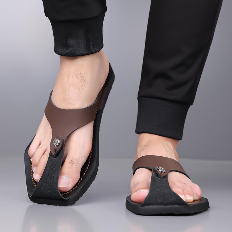 Мужские Черные Кожаные Тапочки Простые Плоские Летние Белые Шлепанцы Сандалии для улицы Коричневые Открытый Носок Пляжная Обувь Большого Размера