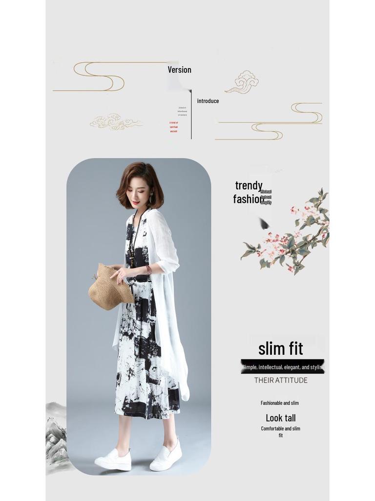 Женский летний костюм-двойка из хлопка и льна с шалью с принтом тушью, 2025