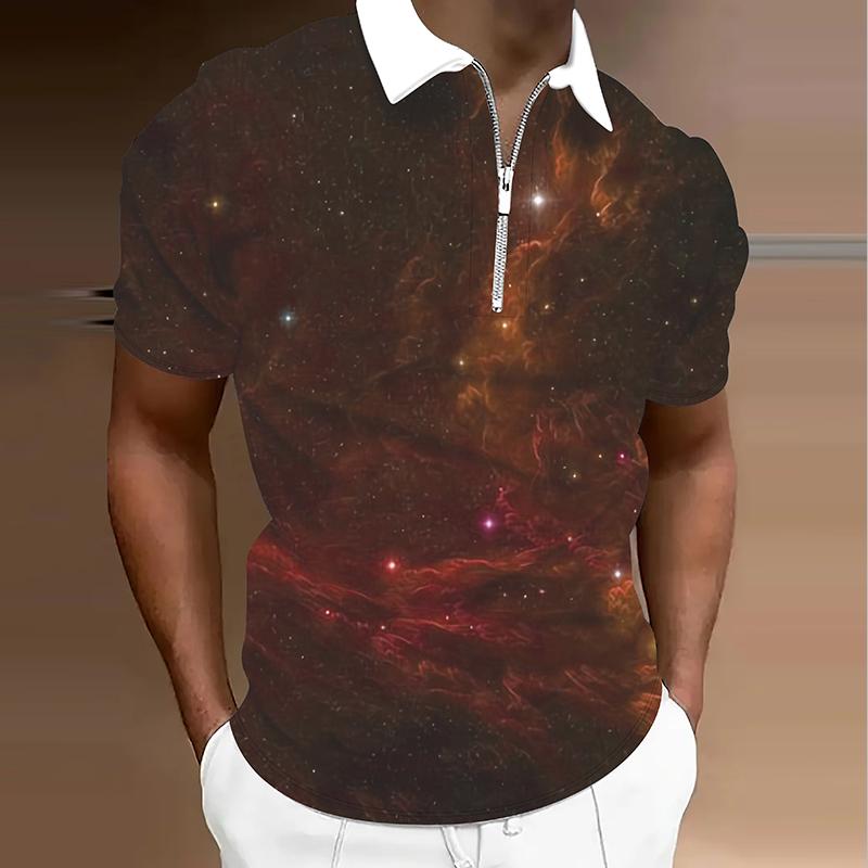 Мужская рубашка поло повседневная на молнии с коротким рукавом модная повседневная на молнии лето весна стандартный крой 3D звездное небо принт рубашка