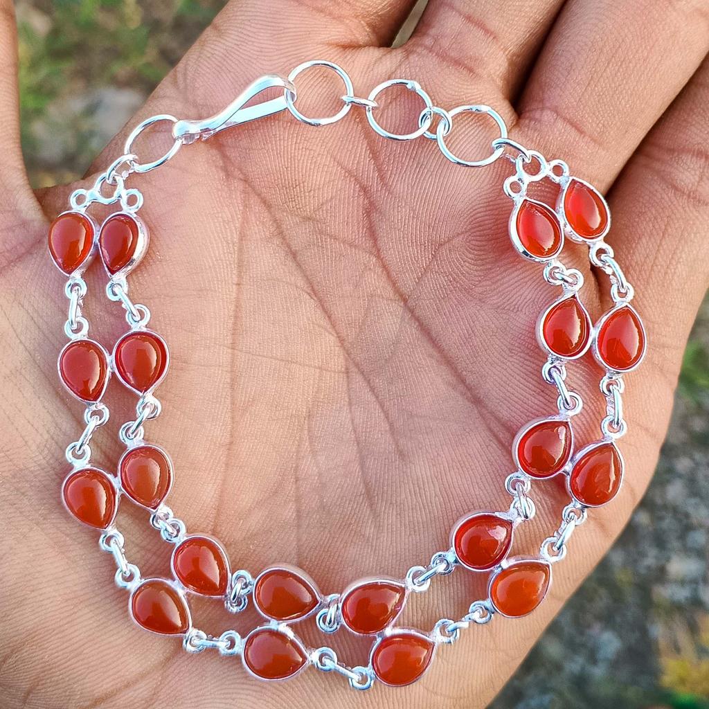 Natural Red Onyx Gemstone 925 Sterling Silver Plated Women Handmade Pear Shape Bezel Bracelet