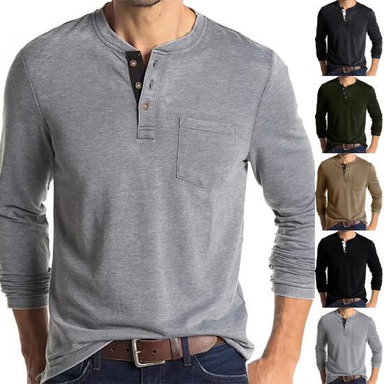Мужская рубашка с круглым вырезом, осень-зима, однотонная рубашка с длинными рукавами и карманами, пуловер с пуговицами для шеи, топ для