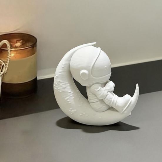 3D Printed Moon Astronaut Figurine, Sitting on Crescent Moon Spaceman Statue, Astronaut Desktop Decoration for Home Office Bookshelf