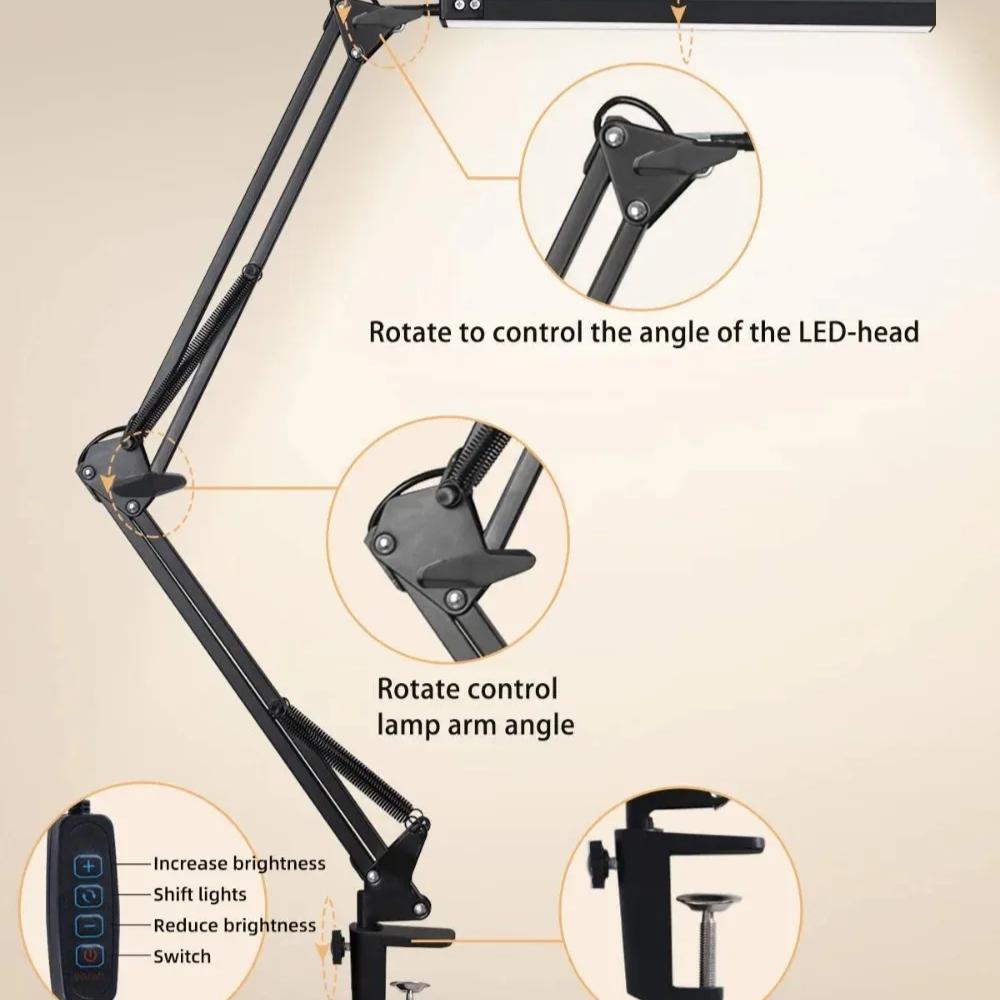 LED Folding Metal Desk Lamp Clip On Light Clamp Long Arm Diming Table Lamp 3 Colors Adjustable For Living Room Reading Computers