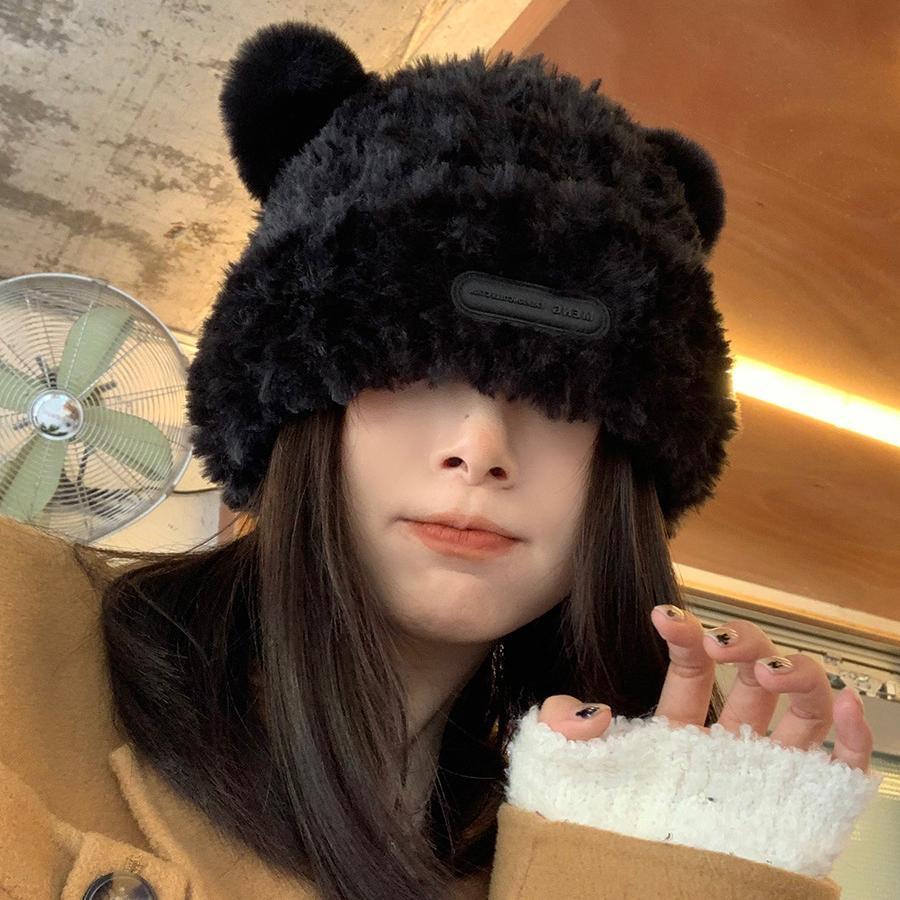 Elegant Bear Plush Knit Hat For Women Winter Warm Thick Fur Beanie Cap