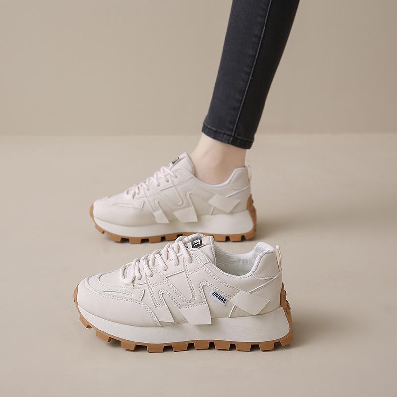 Весна 2025 Женские дышащие белые кроссовки в корейском стиле - Универсальная спортивная повседневная обувь для бега на толстой подошве