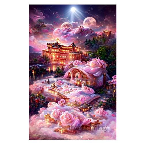 Diamond Painting Romantic Pink Flower House Castle Scenery Diamond Mosaic Embroidery Rhinestone DIY Princess Bedroom Decor S403