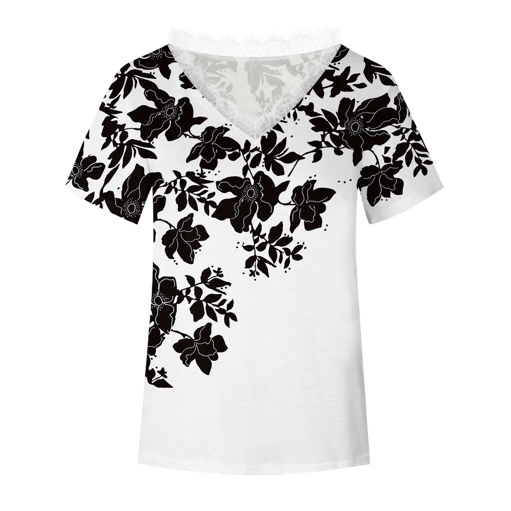Women's Lace Short Sleeve Shirt V Neck T-Shirt Dressy Casual Tops Raglan Short Sleeve Lace Short Sleeve Panel Comfortable Cotton Top