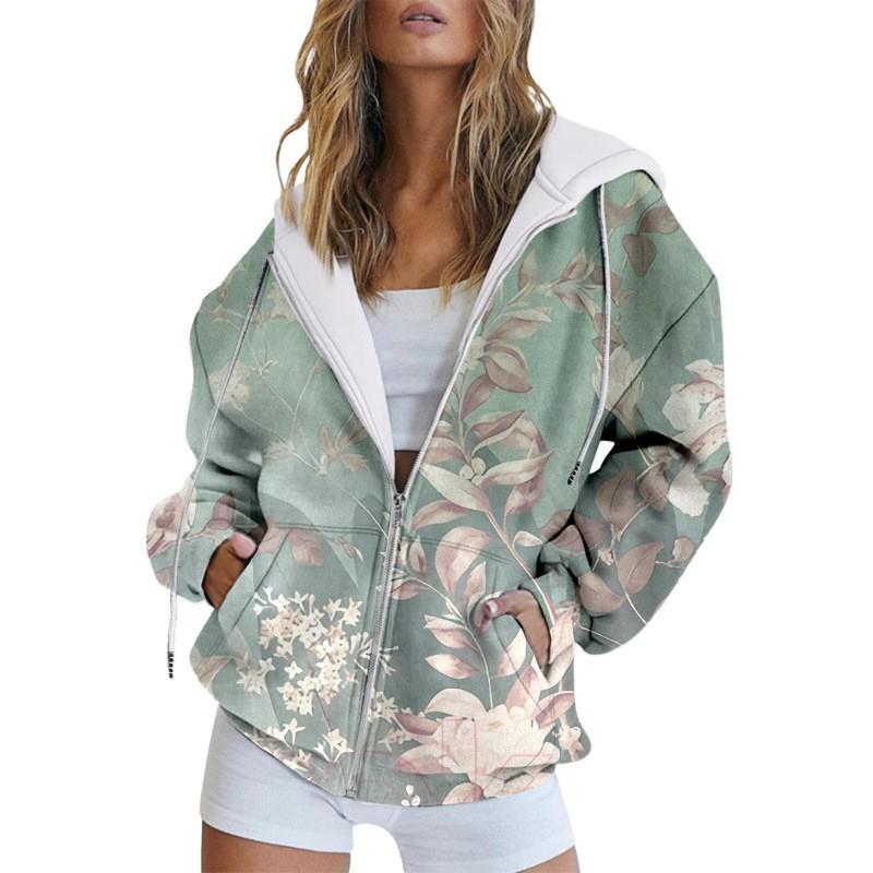 Womens Winter Hooded Zip-Up Sweatshirt Loose Fit 3D Printed Casual Pullover Long Sleeve