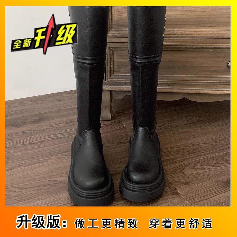 Универсальные, увеличивающие рост и тонкие рыцарские сапоги, черные американские ретро-сапоги на толстом каблуке и платформе, женские, новинка осени 2024 года