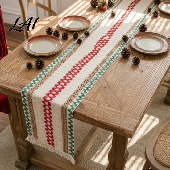 Cotton Linen Table Mat for Parties Boho Striped Runner Fringed Edge Rustic Farmhouse Runner Dining Table Home Holiday Party Decoration Heat