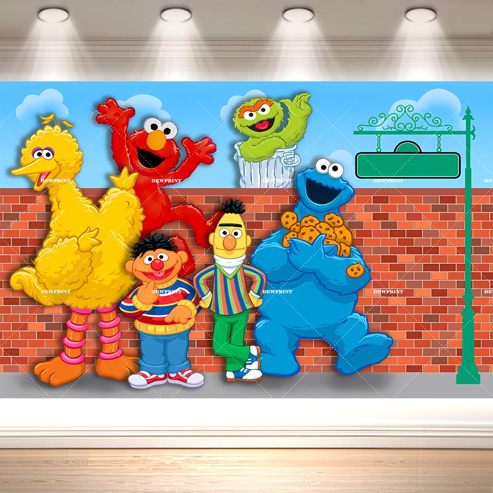 Sesames -Street Birthday Backdrop Cartoon Elmo Bird Cookie Monster Party Banner Kids Birthday Photo Background Decor Supplies