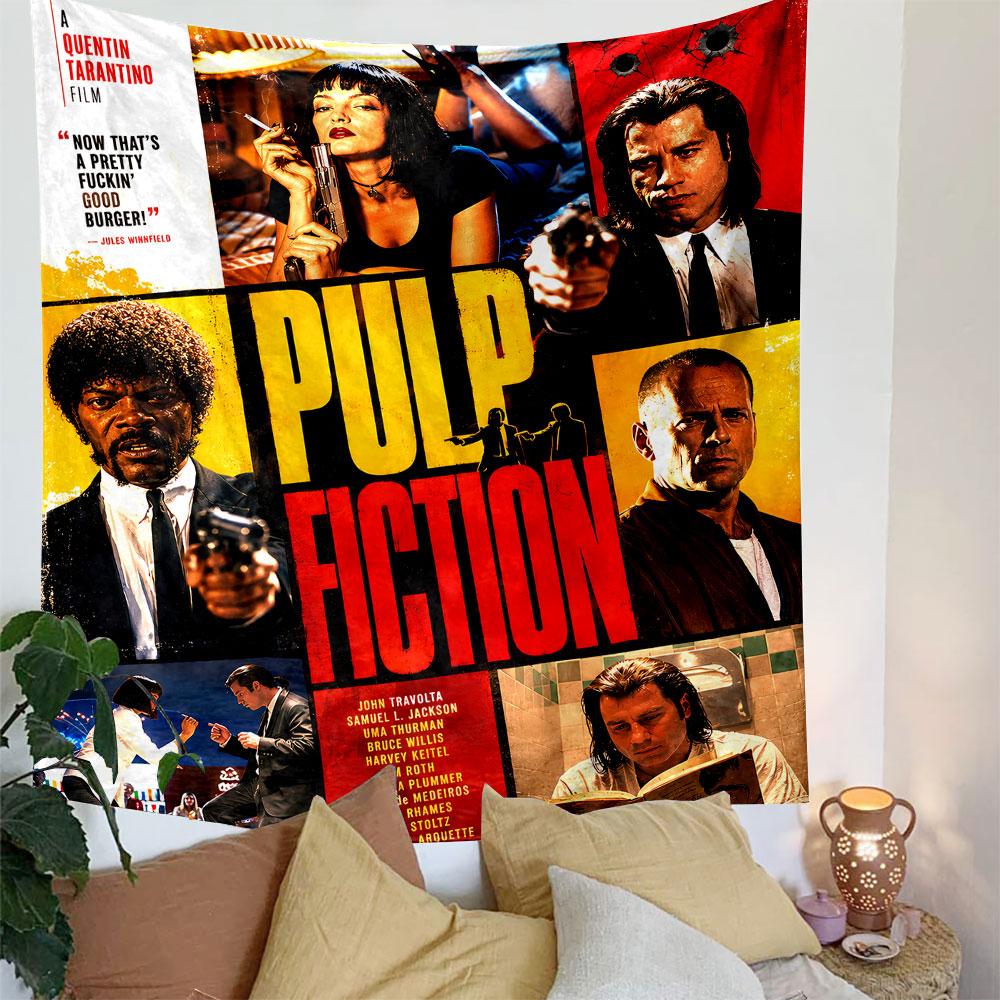 A vibrant collage of characters, bold colors, and "Pulp Fiction" text. Patterned tapestry for bedroom and living room home decor