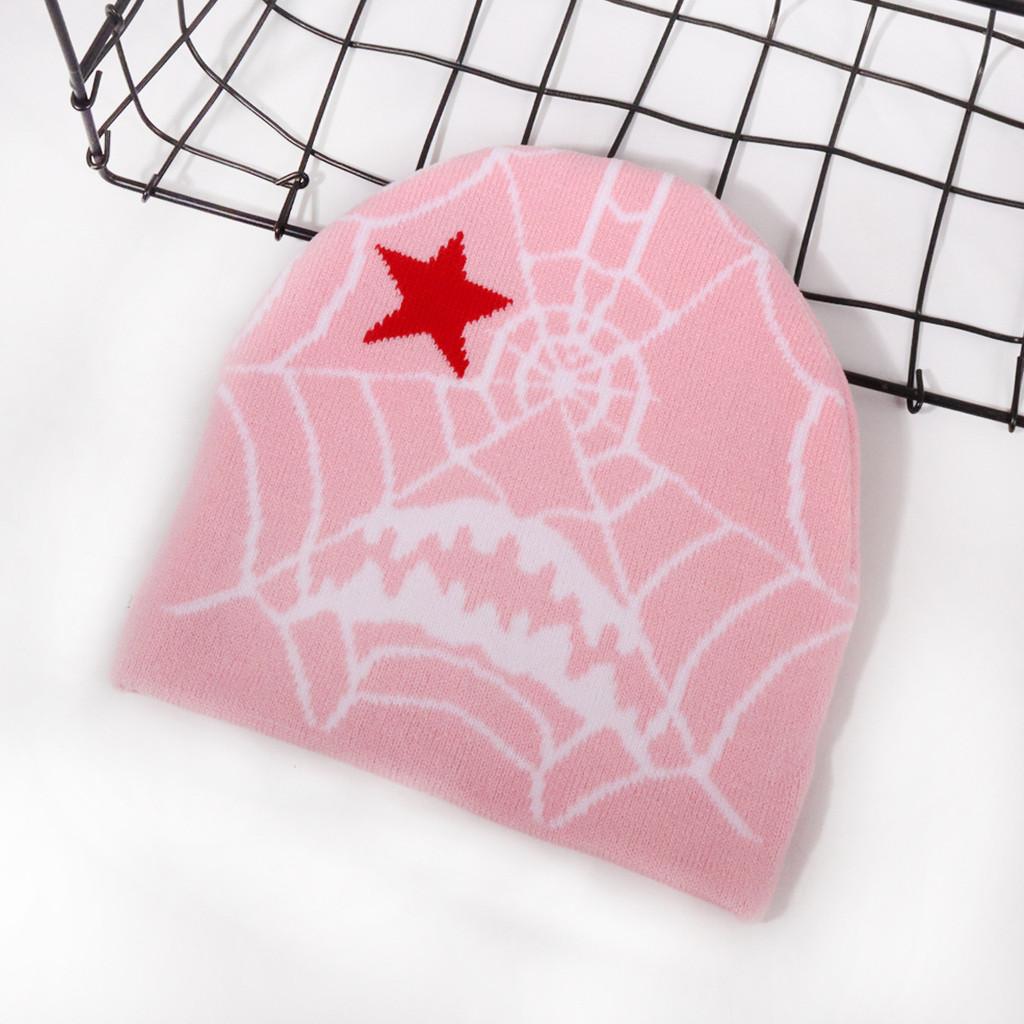 Gothic Style Knit Cap Featuring Spider Web Design For Casual Wear
