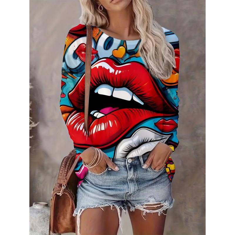 Abstract Tie-Dye 3D Digital Print Loose Fit Womens Crew Neck Long Sleeve T-Shirt Casual Comfort Top