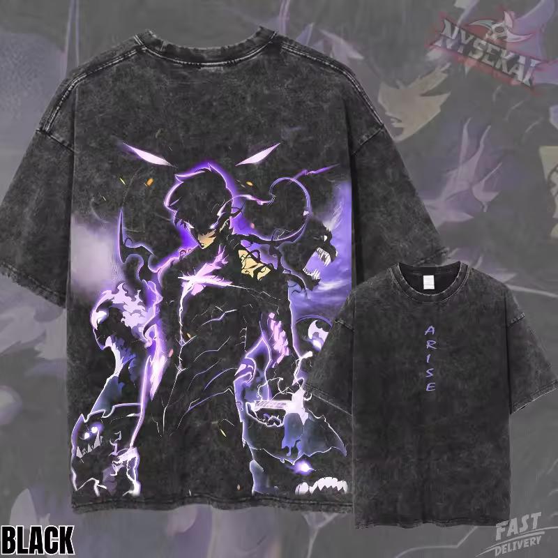 Sung Jinwoo Shadow Monarch Purple Glow Arise Vintage Wash Heavyweight Graphic Tee Pump Cover