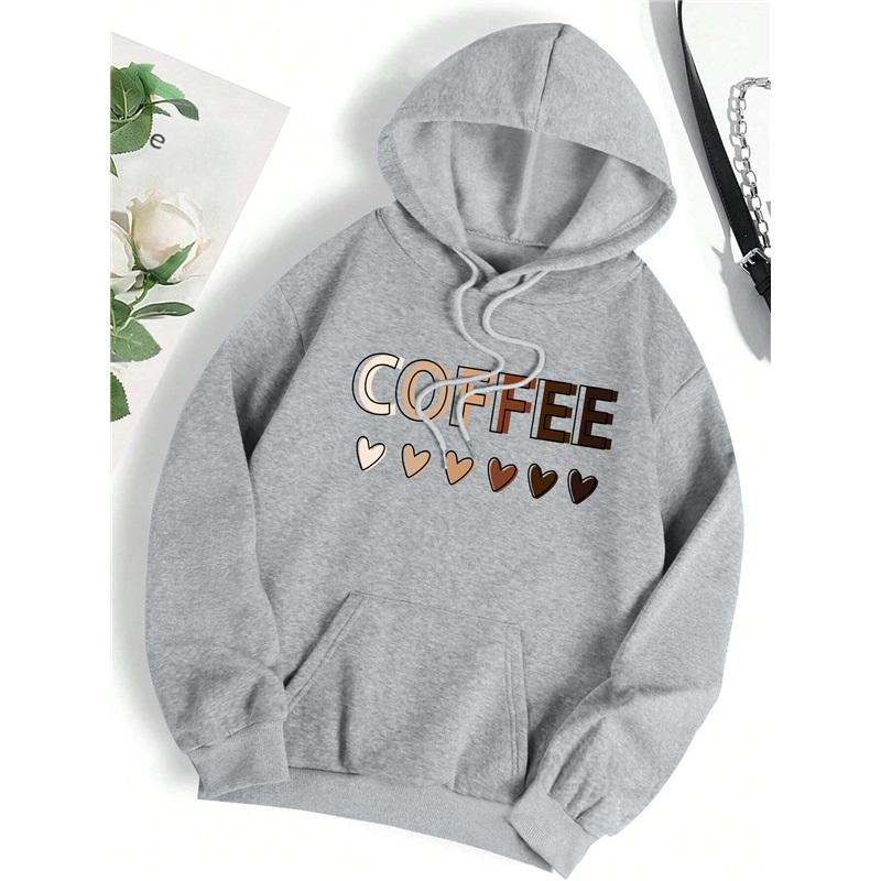 Love Coffee Смешные буквы Графический Принт Толстовка Женская Модная Флисовая Толстовка Повседневная С Капюшоном Осенняя Одежда Оверсайз