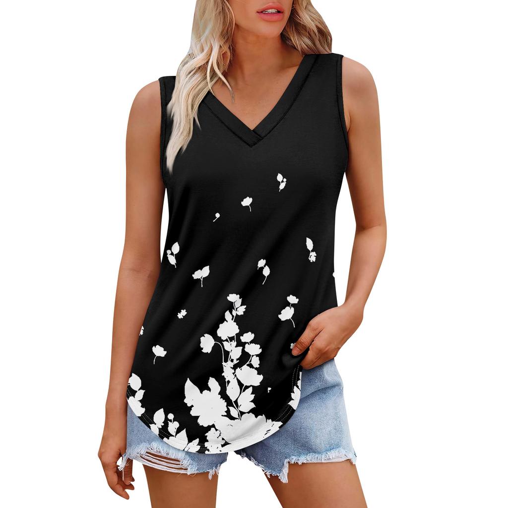 Женская майка с V-образным вырезом и принтом, повседневная майка, свободный крой, топы без рукавов, струящиеся