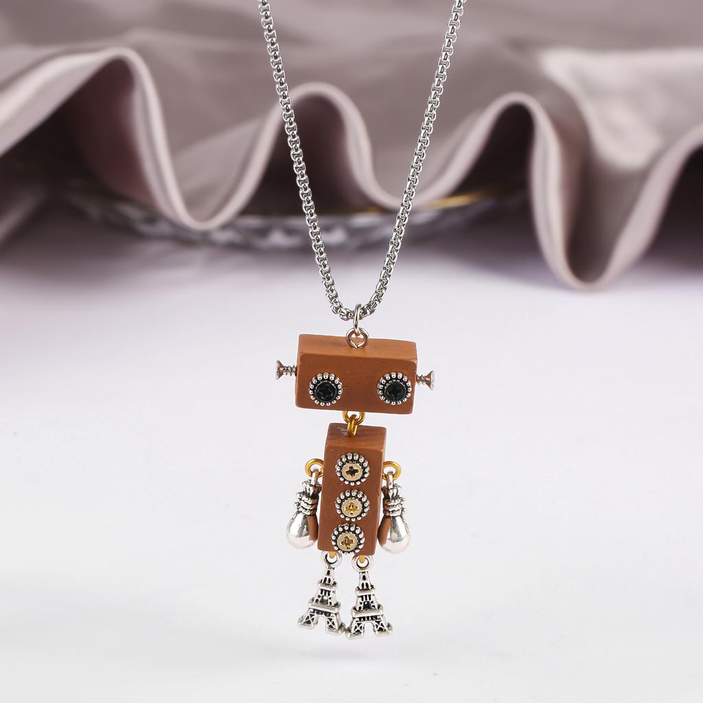 New Creative Wood Robot Pendant Necklace Personality Cartoon Sweater Chain Fashion For Men Women Party Jewelry Gift Wholesale