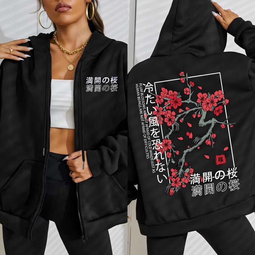 Japan Tokyo Beautiful Cherry Blossom Creative Letter Prints Zipper Hoodies Women Autumn Streetwear Fleece Hoody
